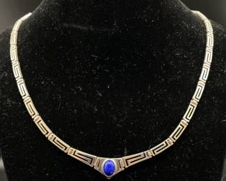 Vintage Natural Lapis Lazuli Filigree Greek Key Link Necklace