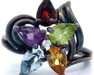 Vintage Peridot, Garnet, Blue Topaz, Amethyst & Citrine Flower Ring