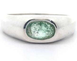 Modern Oval Natural Emerald Solitaire Flush Set Ring