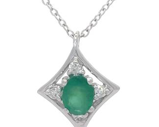 0.55 Carat Natural Emerald & Natural Diamond Art Deco Pendant Necklace in 14k White Gold