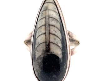 Vintage Sterling Silver Fossil Orthoceras Statement Ring