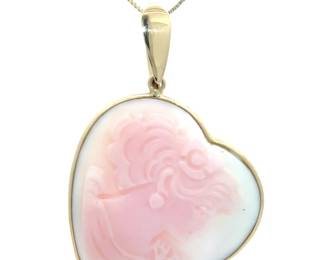 Carved Portrait Cameo Pink & White Heart Pendant in 14k Yellow Gold