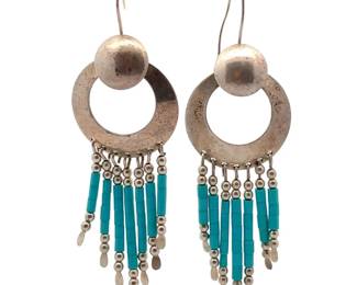 Vintage Sterling Silver Turquoise Bead Fringe Dangle Earrings