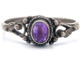Natural Amethyst Filigree Vine & Grape Vintage Twisted Rope Ring