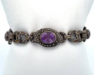 Vintage Natural Amethyst Link Milgrain Edge Bracelet