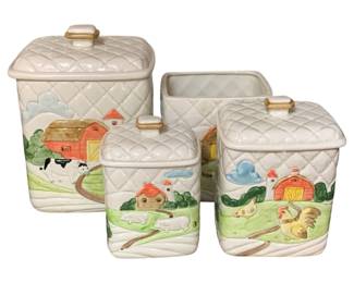 213 - 4pc Canister Set - as is - one lid missing (Description): 9", 6.5" & 7" tall