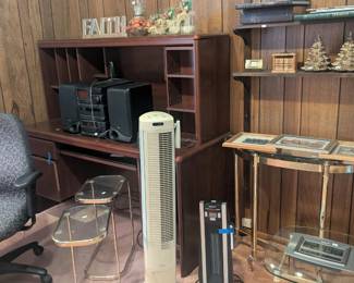 Office desk, office chair, fans