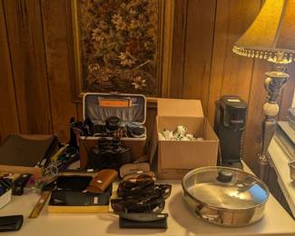 Cannon Ae1 camera & accessories, new Keurig, kitchen items 