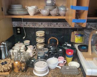 Lusterware tea set,  set of Fine China, Pyrex stacking glass containers, vintage salt & pepper, misc kitchen items 