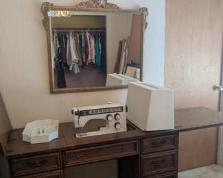 Vintage Husqvarna Viking sewing machine & wood cabinet, beautiful antique wood wall mirror 