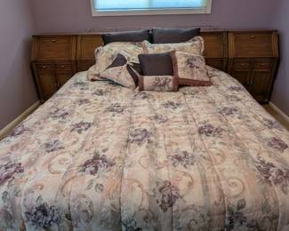 King bed comforter set and many matching accessories, Vintage wood & woven rattan style head board/side hutches, 7 drawer tall dresser & short dresser
