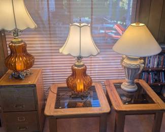 MCM amber glass lamps, ceramic lamp, solid oak & glass coffee tables, filing cabinet