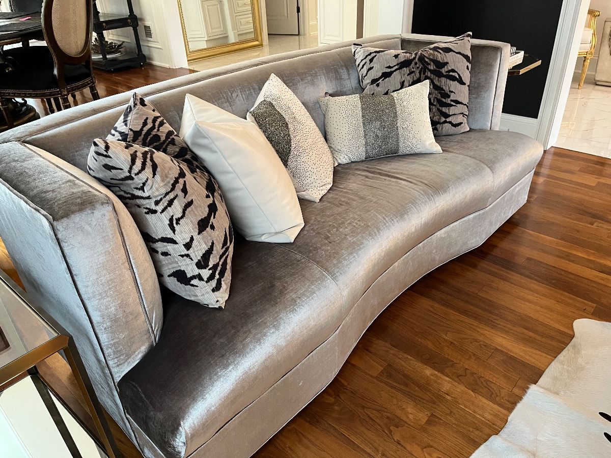 Mitchell Gold Dumont silver velvet sofa 81”w x 40”d x 31”h