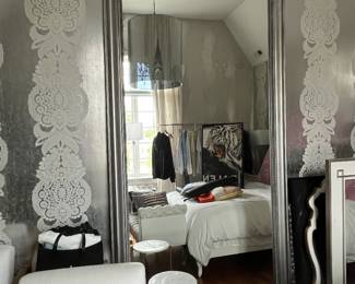 Enormous silver carved wood floor mirror with floral urn pediment. 56w x approx. 120h