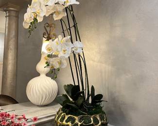 Large faux white orchid in mossed gold abstract footed pot – 48”h x 17” wide container