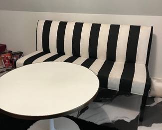 Restoration Hardware Daphne Play table 33” diam x 24”h. Bench –Ethan Allen black/white stripe  61” wide, 22”d x 35.5”h