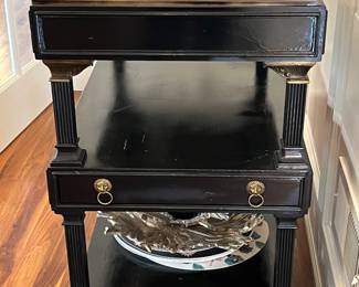 Marge Carson 3 tier serving cart. Brass gallery rail, black marble top,4 drawers with lion head pulls.  36”w x 21”d x 37”h.