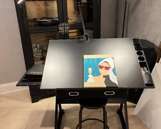 Black artists desk with stool - adjustable LED  lighting with extending side shelf & storage