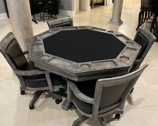 Game Table – gray & black with 4 swivel rocking arm chairs on casters – 52 diameter
