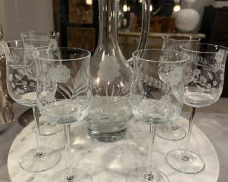 Etched vintage stemware and pitcher