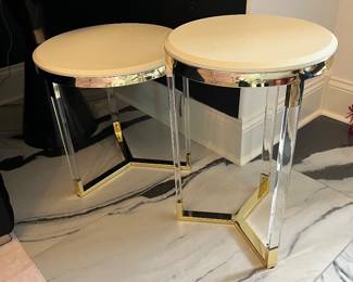 Z Gallerie round accent tables. White tops, lucite legs, brass trim. 