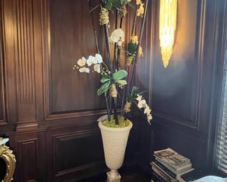 Faux orchid tree in 38”h pearl resin vase. Approx 100”H overall