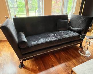 Marge Carson black velvet sofa with brass faceted finials. Single cushion. 92”w x 38”d x 43”h to top of finials.