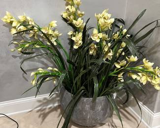 Large yellow faux orchid in massive gray resin pot – 44”h x 22” w container