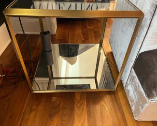 Mitchell Gold mirrored with brushed brass frame 22” sq side table, glass top and mirrored shelf