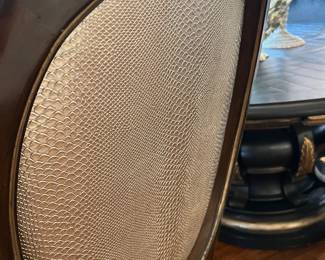 Marge Carson dining chairs black upholstered seats & silver faux alligator on back. 23”w x 23”d x 45”h