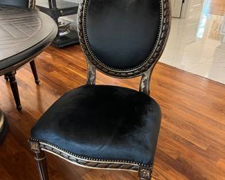 Marge Carson dining chairs black upholstered seats & silver faux alligator on back. 23”w x 23”d x 45”h