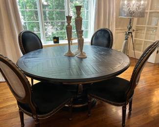 Marge Carson Vouvray 68” Round Dining table with herringbone plank top