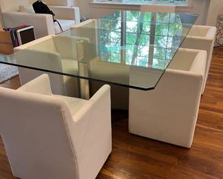 Bernhardt Abbot dining table & Restoration Hardware All White dining chairs - double metal bases with ¾” thick glass top. 100”l x 50”w x 30”h