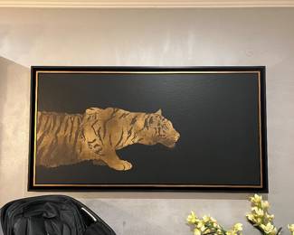 Gold tiger on black canvas – 77w x 41h in black shadowbox frame