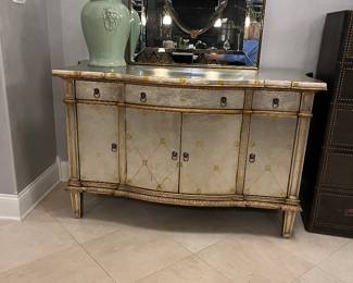 John Richard Fine Furniture silver and gold buffet / side board – 3 drawer + 3 cabinet + internal drawer – 62w x 37.5h x 26d