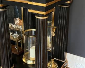 Marge Carson pillared console/sideboard. Black marble inset top with mirrored insets below. 3 drawers. 76”w x 24”d x 42”h