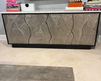 Large media cabinet with custom marble top & silver leaf cabinet doors – 82w x 19d x 34h