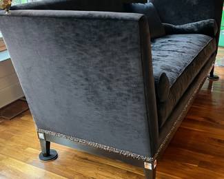 Marge Carson black velvet sofa with brass finials. Single cushion. 92”w x 38”d x 43”h to top of finials.