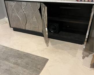 Large media cabinet with custom marble top & silver leaf cabinet doors – 82w x 19d x 34h