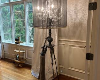 Chandelier floor lamp - crystal chandelier surrounded by pewter finish screen