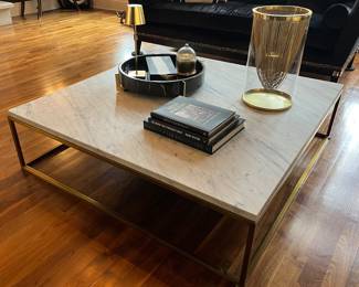 RH marble top coffee table with brass frame. 52” square x 14”h. 1” thick marble. Note: has a crack across one corner.