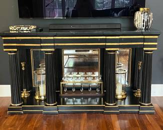 Marge Carson pillared console/sideboard. Black marble inset top with mirrored insets below. 3 drawers. 76”w x 24”d x 42”h