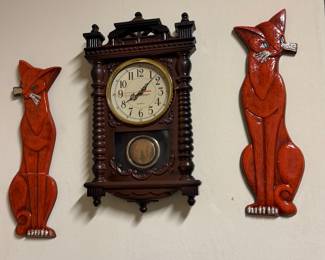 Vintage clock and Chalkware Cats