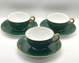 (3) Okura Green China Teacups with Saucers