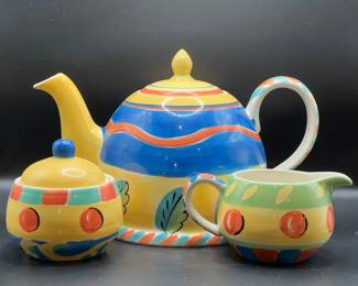 Vibrant Hand-Painted Teapot, Sugar & Creamer Set from Thailand