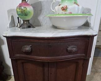 Antique Marble Top Washstand  - Pitcher and Washbowl - Gone with the Wind Lamp