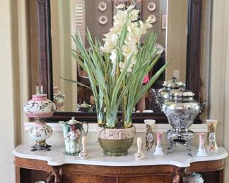 Antique Marble Top Sideboard  - Large Antique Mirror 