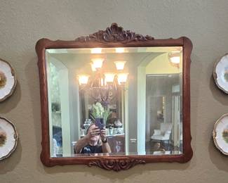 Walnut Mirror with 4 Antique Plates used as Wall Decor