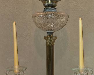 Antique Brass Lamp with Pair Candlestick