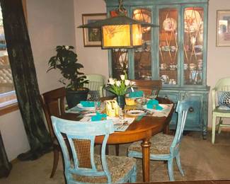 Dining room Set: Lit China Cabinet, Table w/leaves to 7' long, 4 chairs
